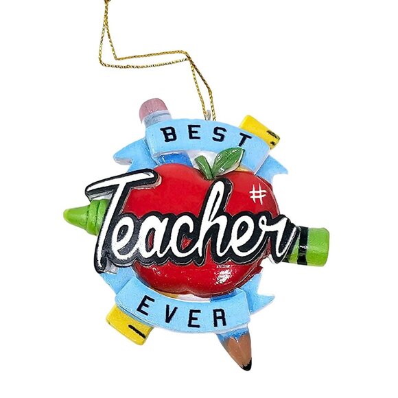 Best Teacher Ever Apple Crayon Pencil Resin Ornament - Christmas Gift - Picture 2 of 3